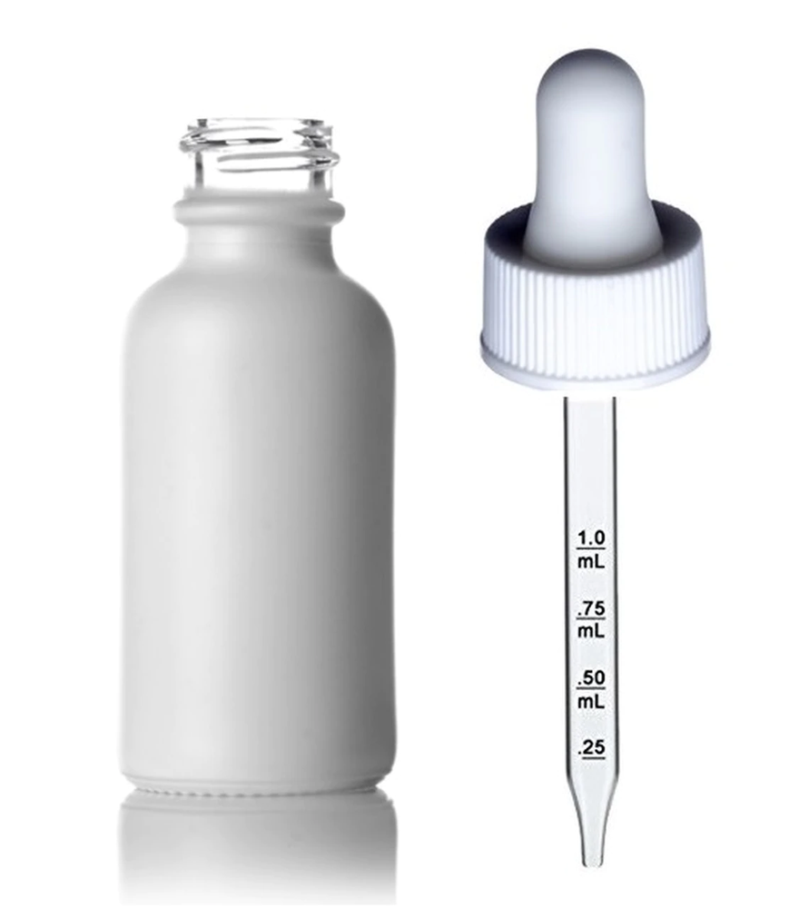 1 Oz Matt White Glass Bottle with White Calibrated Glass Dropper - New