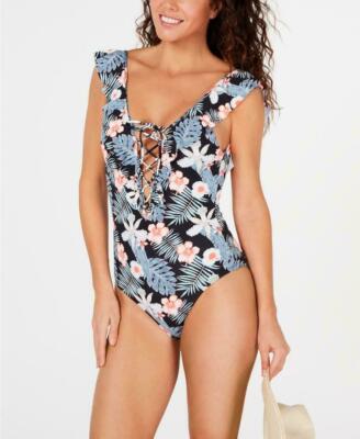 Roxy Juniors' Ruffled Floral Lace-up One-Piece Swimsuit Black XS NWT