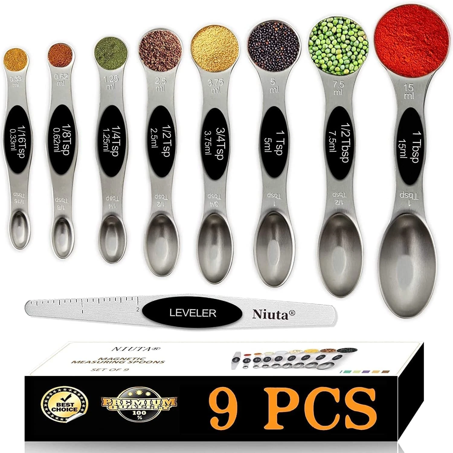 Magnetic Measuring Spoons Set Stackable Stainless Steel Set of 9-Black New