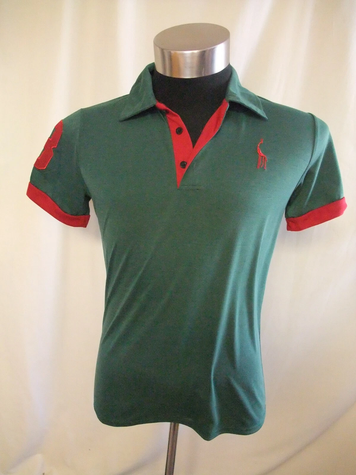 Mens Polo Shirt Slim Horse size M green polyester, short sleeve, length 27" 0688