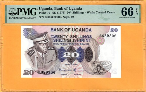 UGANDA-IDI AMIN-20 SHILLINGS-1973-P.7c-SERIAL NUMBER 689306 *PMG 66 EPQ GEM UNC* - Picture 2 of 3