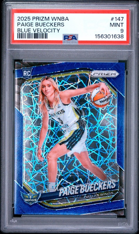 2025 Panini WNBA Prizm Paige Bueckers #147 Blue Velocity Rookie Wings PSA 9