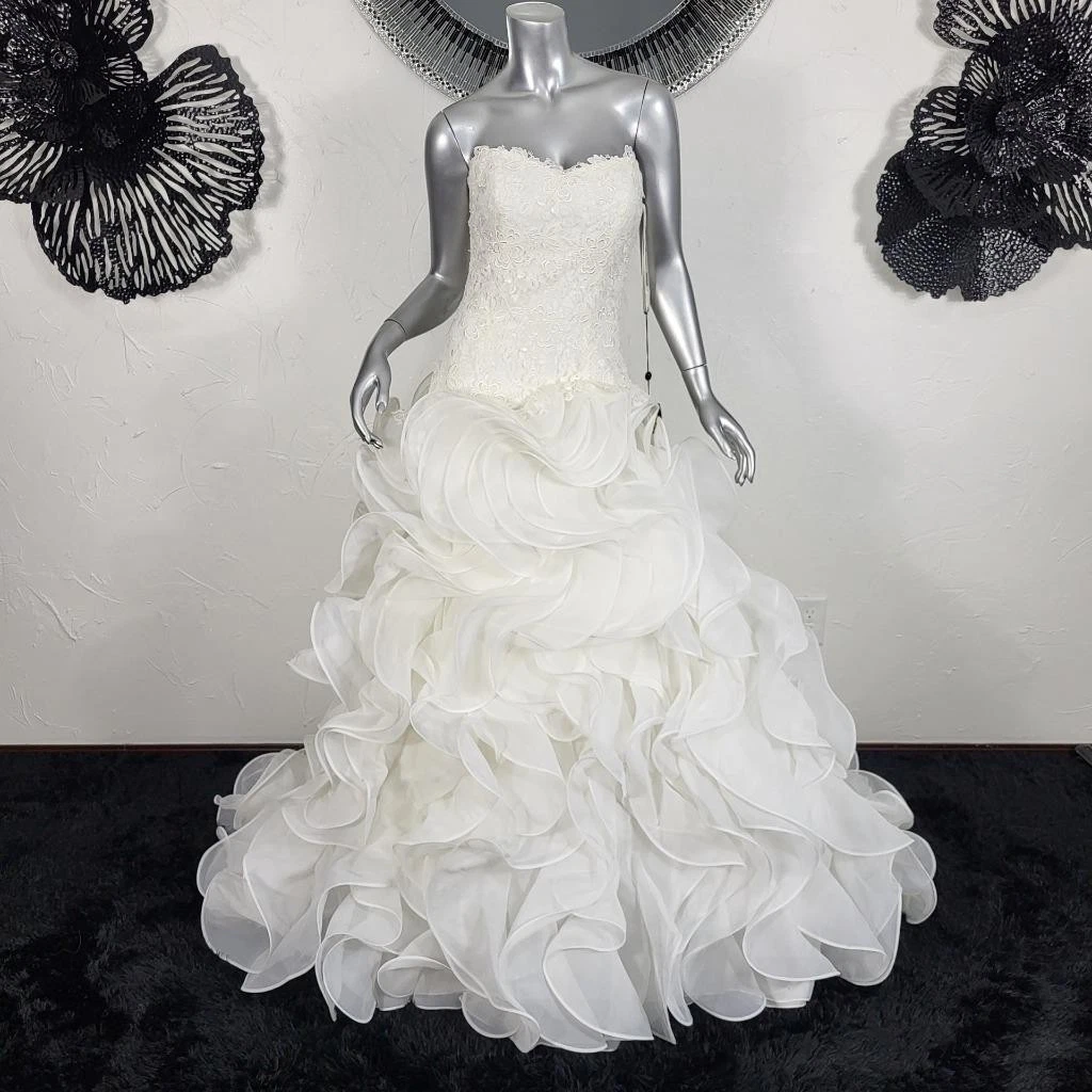 OFF WHITE ABITO DA SPOSA SIRENA NUOVO CON ETICHETTE ~ $ 2795 ~ COSMOBELLA ~ 8 10 ~ BIANCO SPORCO SENZA SPALLINE PIZZO ARRUFFATO