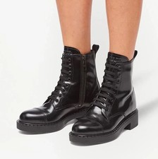 without box  PRADA Spazzolato Chocolate Leather Combat Boots Bl G2U