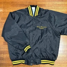 Vintage Hartwell Satin Bomber Jacket Black Yellow Appling Band Snap Front XL