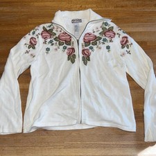 VTG Tiara International Women LG Floral Embroidered Full Zip Cardigan Sweater
