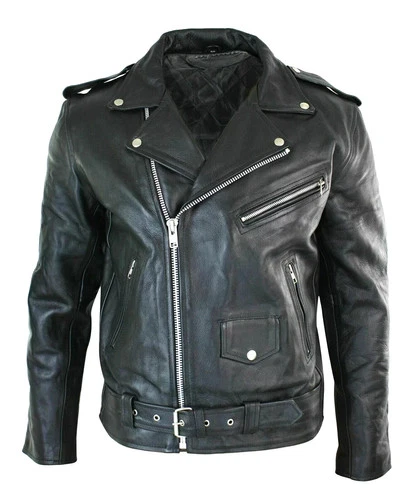 Men's Motorcycle Leather jacket Genuine Buffalo Skin Brando Style Black Biker image 4