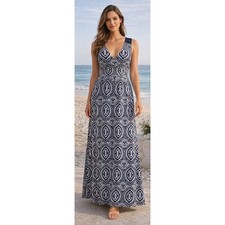 Joseph Ribkoff Navy Medallion Maxi Dress Crochet Lace Racerback SZ 4 Resort