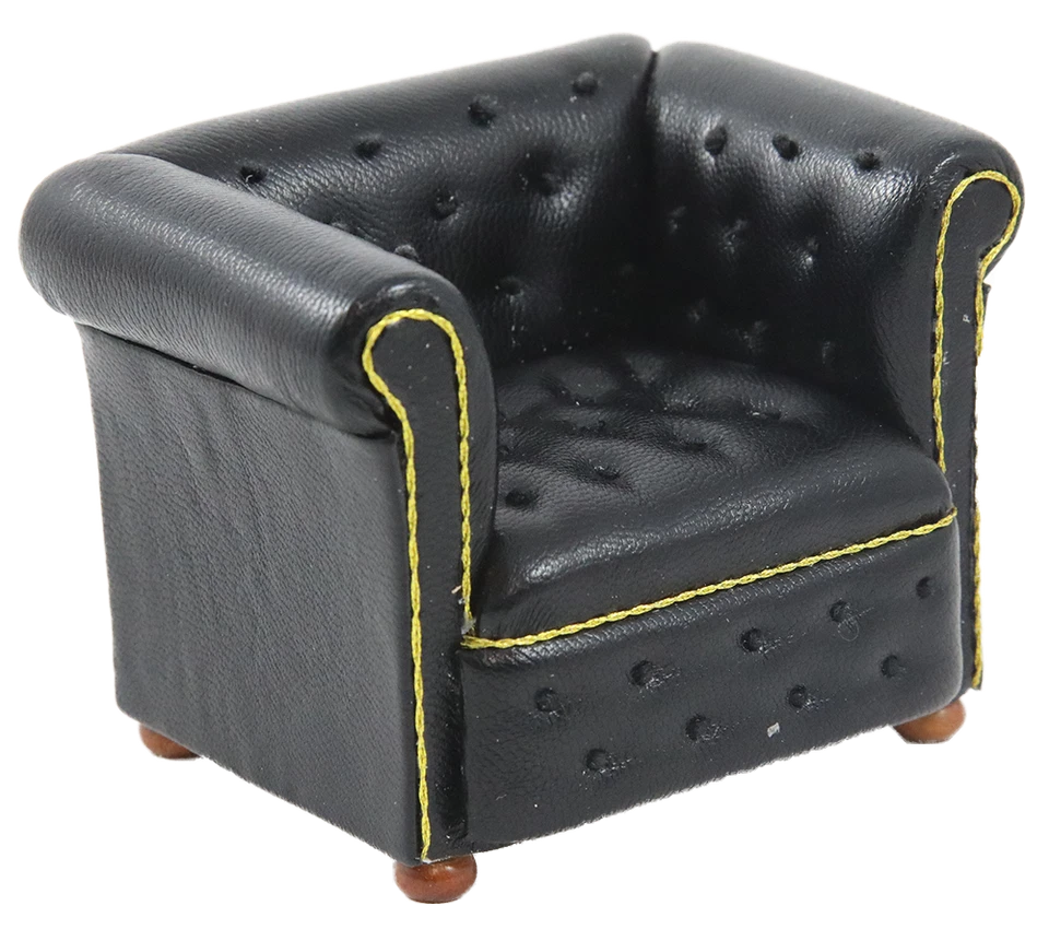 Dolls House Black Leather Chesterfield Armchair JBM 1:12 Living Room Furniture - Image 1 of 1