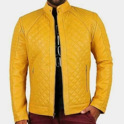 Men's Yellow Diamond Quilted Soft Leather Biker Jacket Genuine Lambskin MotoCoat