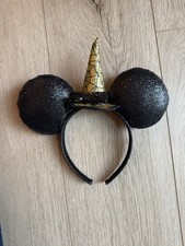 Black Sparkling Halloween Minnie Ears Headband Gold Witch Hat w/Bow