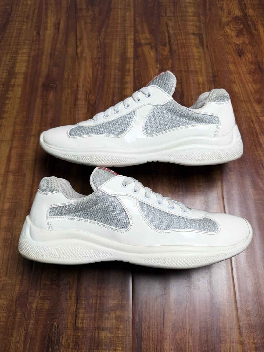 Prada American Cup Patent Leather White Grey Mens Mesh Sneakers