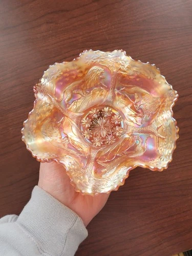 Flashy & Pretty Marigold Fenton Carnival Glass Lions Pattern Ruffled Bowl