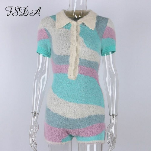 Strick Kurz Ärmel Overall Damen Freizeit Patchwork Strampler Sexy Tragen Für Neu - Bild 4 von 13