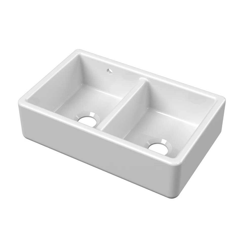 Nuie Thick Edged Double Bowl Butler Kitchen Sink 795x500mm Premium Fireclay