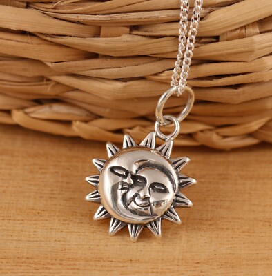 Massiv 925 Sterlingsilber Halbmond Mond und Sonne Anhänger Halskette Kette Geschenkbox
