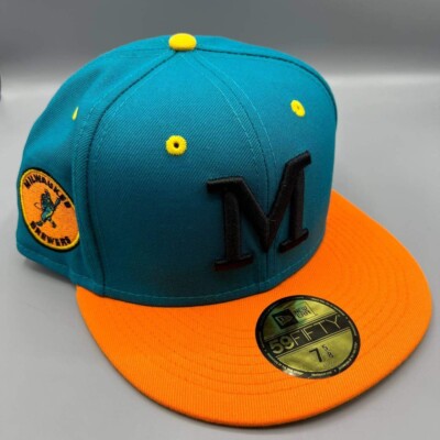 Milwaukee Brewers Hat Men 7 5/8 Blue Yellow 59Fifty New Era Fitted Cap New