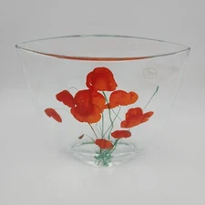 Goebel Artis Orbis Art Glass Vase Red Flowers By Artist Oskar Koller 7.75 x 7 In