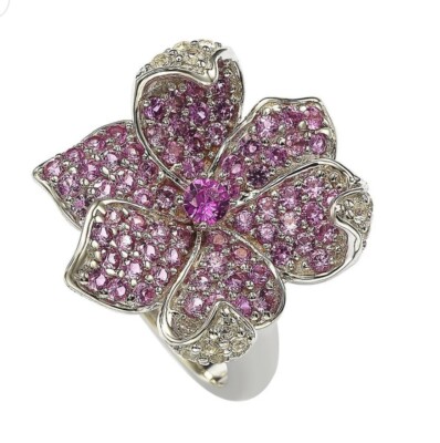 Suzy Levian Pink Sapphire & Diamond Accent in Sterling Silver Flower Petal Ring