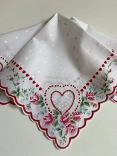 Beautiful New LuRay Red Valentine Hearts Hankie Handkerchief -Fancy Hearts Roses
