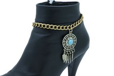 Women Gold Metal Boot Chain Bracelet Shoe Feather Blue Color Charm Indian Style