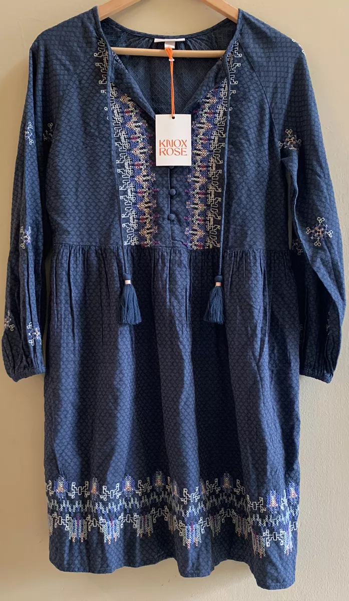 Knox Rose NEW Dress Long Sleeve Embroidered Tassel Boho Blue Womens XS