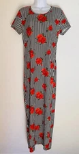 Vtg Bobbie Brooks Women's M Black White Stripe Maxi Dress Floral Red Roses