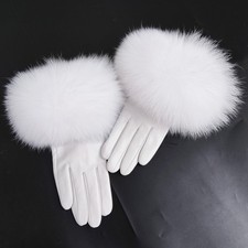 Women's Winter Warm Real Sheepskin Leather Gloves Real Fox Fur Trim Cuff Mittens