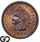 1904 Indian Head Cent Penny, Red Brown, Lustrous Choice BU++ RB, Stunner!