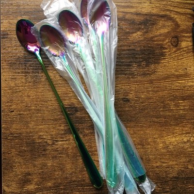 Set of 6: Long Handle Rainbow Ice Tea Spoon 9 Premium 18/10 Stainless Steel NEW