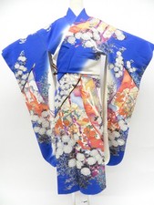 Japanese Vintage Kimono Furisode Silk Floral Gold Embroidery Japan eb-1415