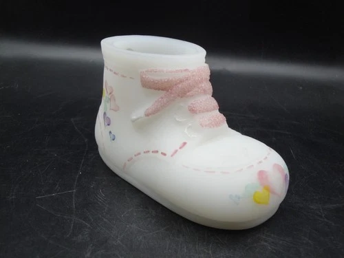 Vintage Fenton Hand Painted Artist Signed Baby Shoe-Hearts Flowers Pink Laces