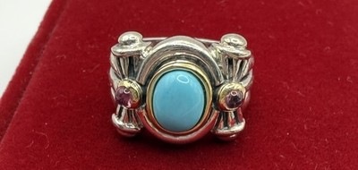 Turquoise Ring 925 Silver Gold Accent Pink Gemstone - Samuel Benham BJC 10.5g