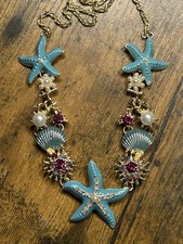 Sea Themed Charm Link Necklace Shells Starfish Enamel Gold Tone AB Rhinestone