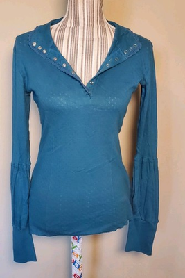 #ad #ad TULLE Top M Extra Longsleeve T Cotton Stretch Fitted Turquoise Snap Closure $23.33