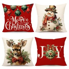 Christmas Pillow Covers 18x18 Set of 4 Red White Farmhouse Xmas Decorations S...