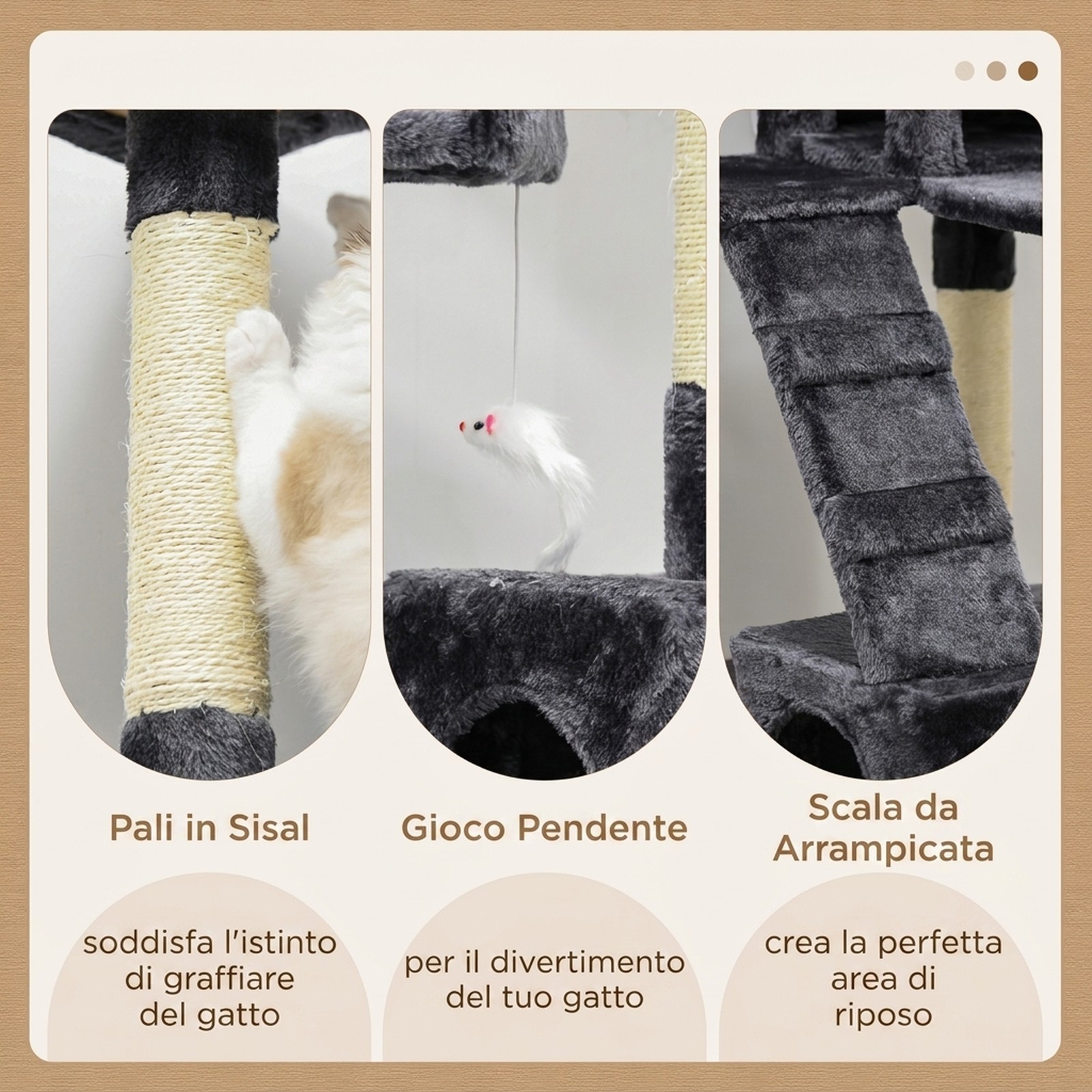Albero Tiragraffi per Gatti con 3 Posatoi, 2 Casette e Giochi Appesi, in Legno e foto 5