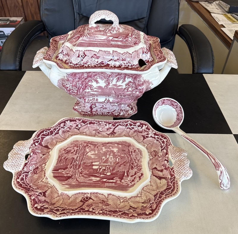 Mason's Vista England Large Tureen Lid Ladle & Under Plate Ironstone Red Pink