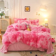 Shaggy Plush Duvet Cover Set Queen Pink White Ombre Fluffy Faux Fur Bedding 3pc