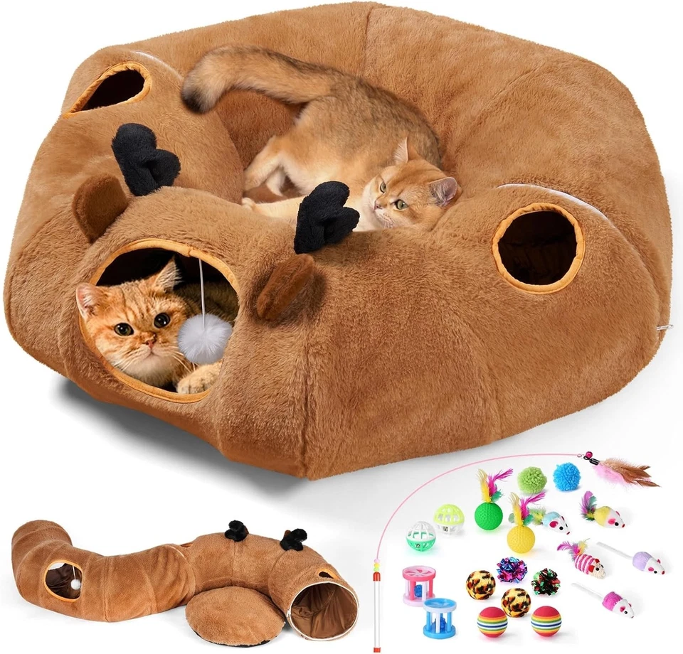 Reindeer Cat Tunnel Plush Bed Kitten Toys Indoor Cat Cave Play Set - Image 3 of 4