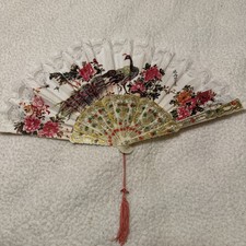 Vintage Chinese Art Hand Folding Fan Peacock Design Flowers Oriental Fabric