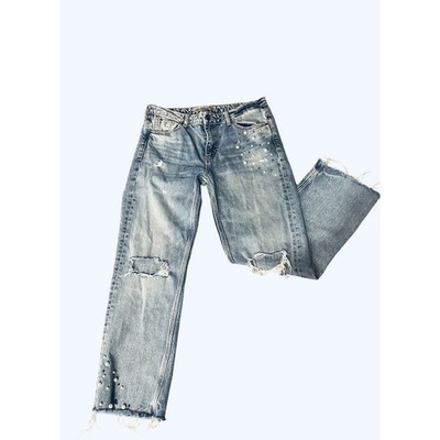 Zara Basic Z1975 Pearl Embellished Distressed Straight Leg Jeans Light Wash 6