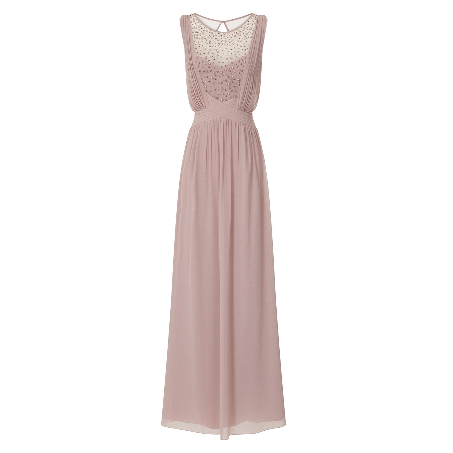 Little Mistress - Vestido largo en color visón con cuello de malla y ornamentac