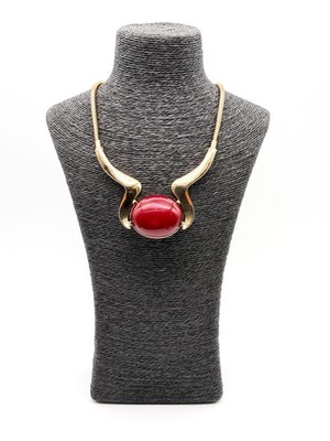 Wallis Gold Tone Statement Necklace Red Cabochon Pendant Snake Chain 18  NWT