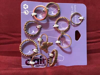 Claire's 10 goldtone ring set 91587-6 new multi size pack UK