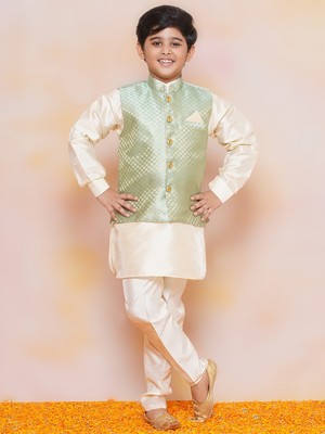 Kids Ethnic Wear Silk Blend Embellished Kurta Pajama Set Nehru Jacket For Boys