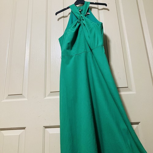 REVIEW Green Linen Halter Dress Waist Tie Womens Size 10 - Picture 12 of 18