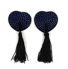 Black Hearts Sticker Nipple Covers With Blue Rhinestones And Black Pom Poms