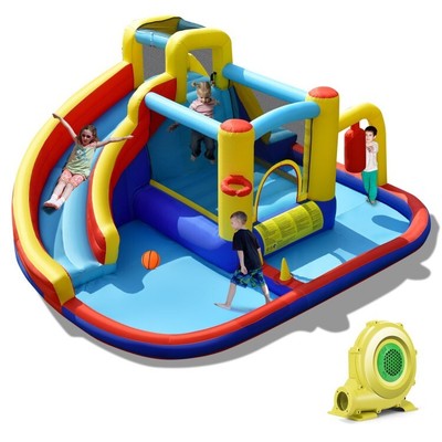 7-in-1 Kids Inflatable Water Slide Bouncing House with 735W Blower & Splash Pool