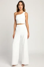 Lulu's One-Shoulder Two-Piece Women's Jumpsuit Amor and Beyond Ivory Size Medium